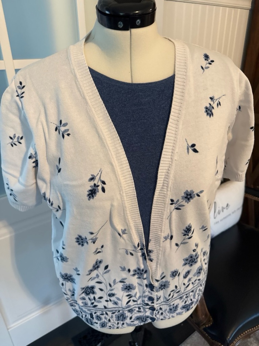 Cathy Daniels Cream Short-Sleeve Cardigan with Blue Floral Embroidery